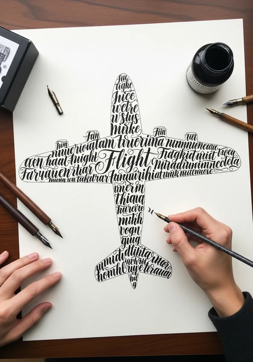 Airplane silhouette formed entirely from black hand lettered calligraphy