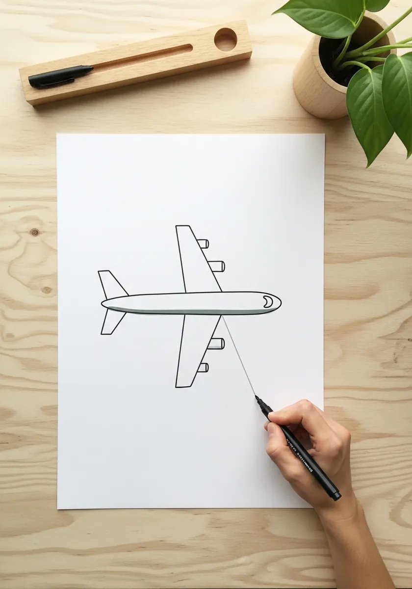 Very simple single weight outline drawing of an airplane on plain paper