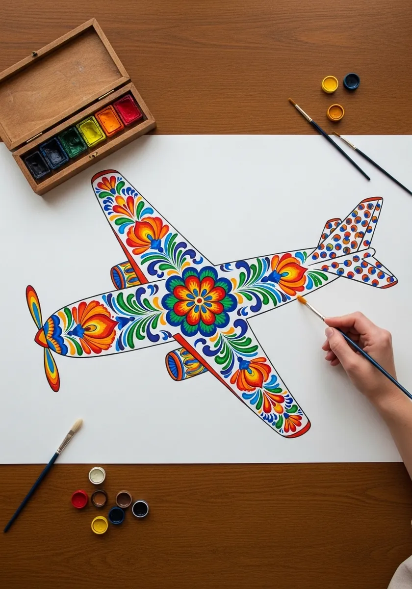 Folk art airplane covered in symmetrical red blue and green flower patterns
