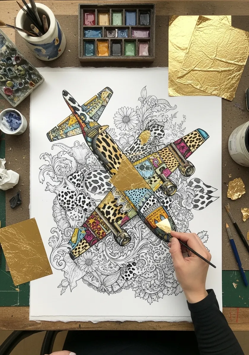 Patterned airplane with gold leaf accents over a black and white doodle background