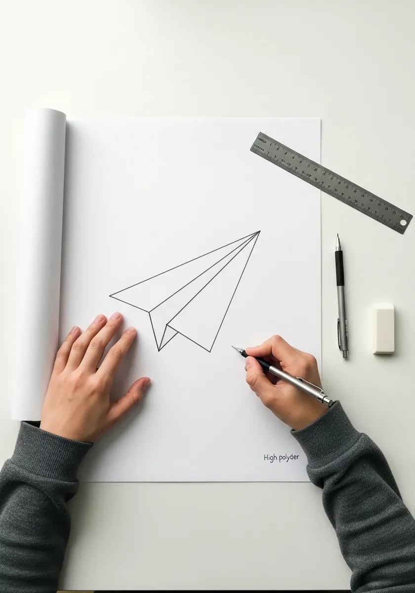 Minimalist line drawing of a folded paper plane made with a ruler
