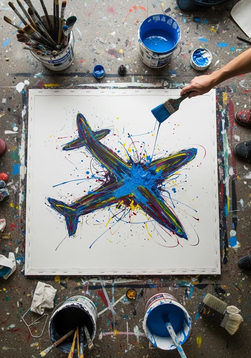 Abstract airplane made from blue and black paint splatters and drips
