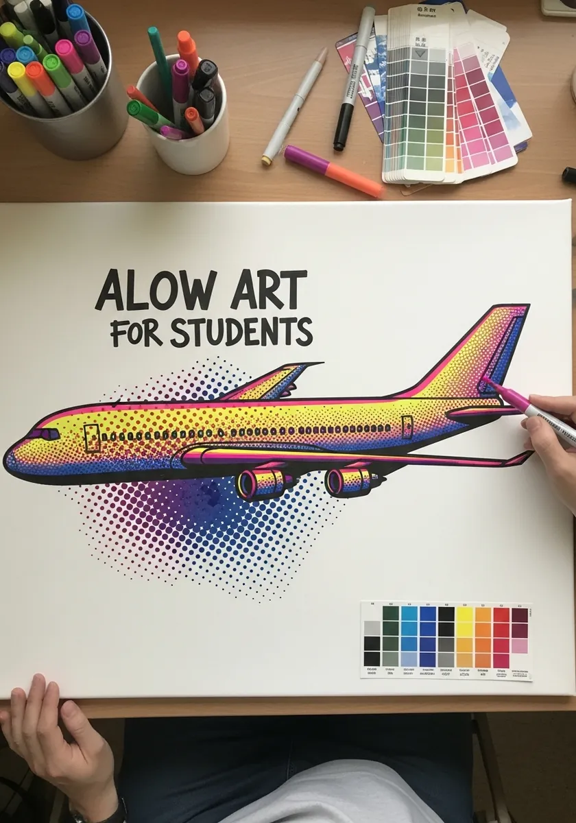 Pop art airliner drawn with cyan magenta and yellow halftone dot shading