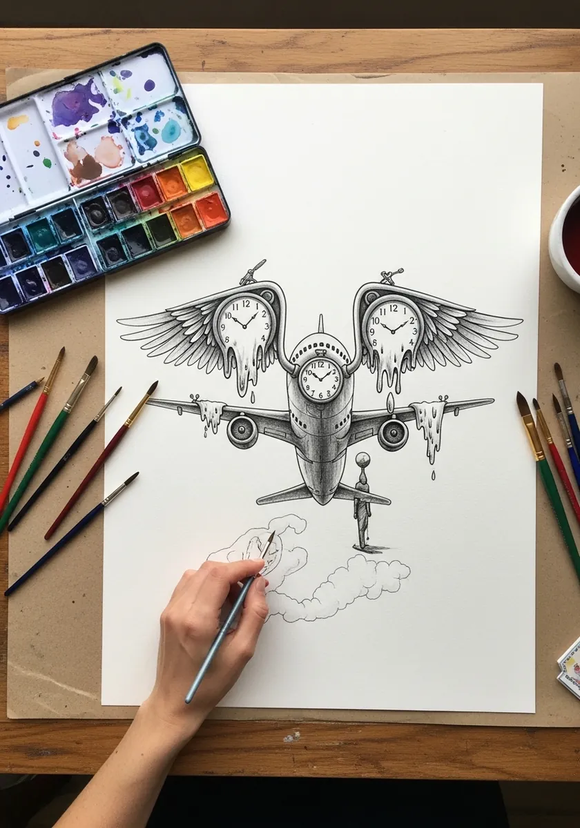 Surreal ink drawing of an airplane with feathered wings and melting clocks