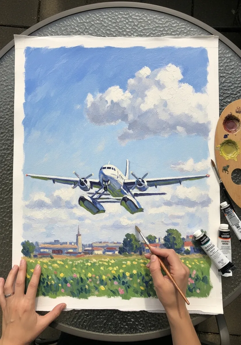 Impressionist gouache painting of a propeller airliner flying over a green meadow