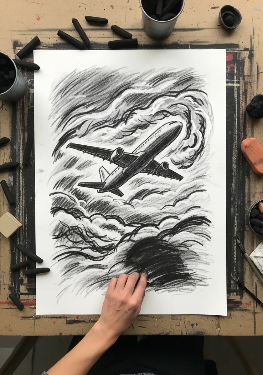 Dramatic charcoal drawing of an airliner flying through heavy storm clouds