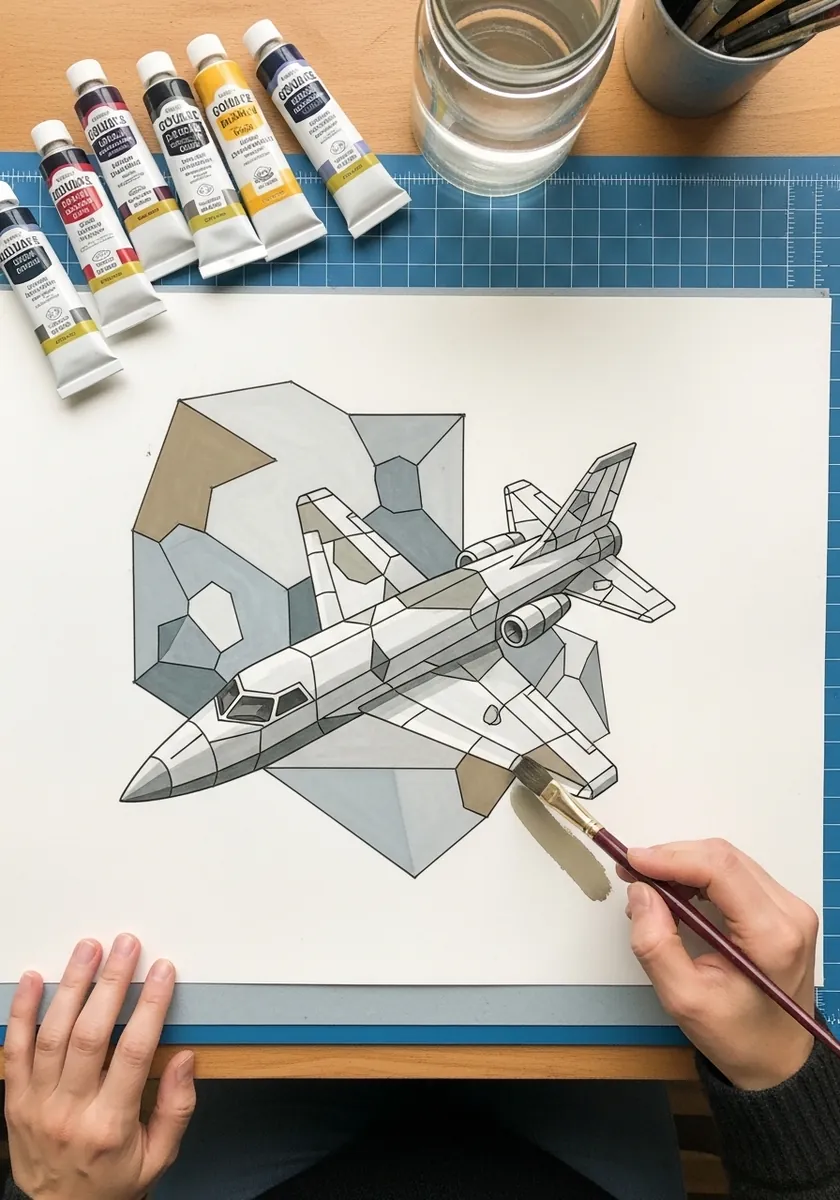 Low poly geometric fighter jet built from gray and tan angular facets
