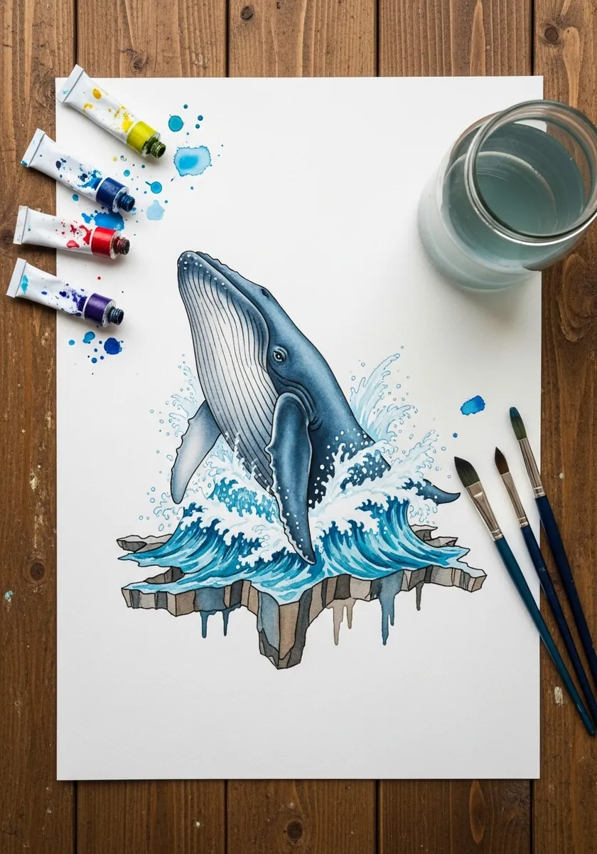Watercolor humpback whale breaching from waves on a floating slab of rock