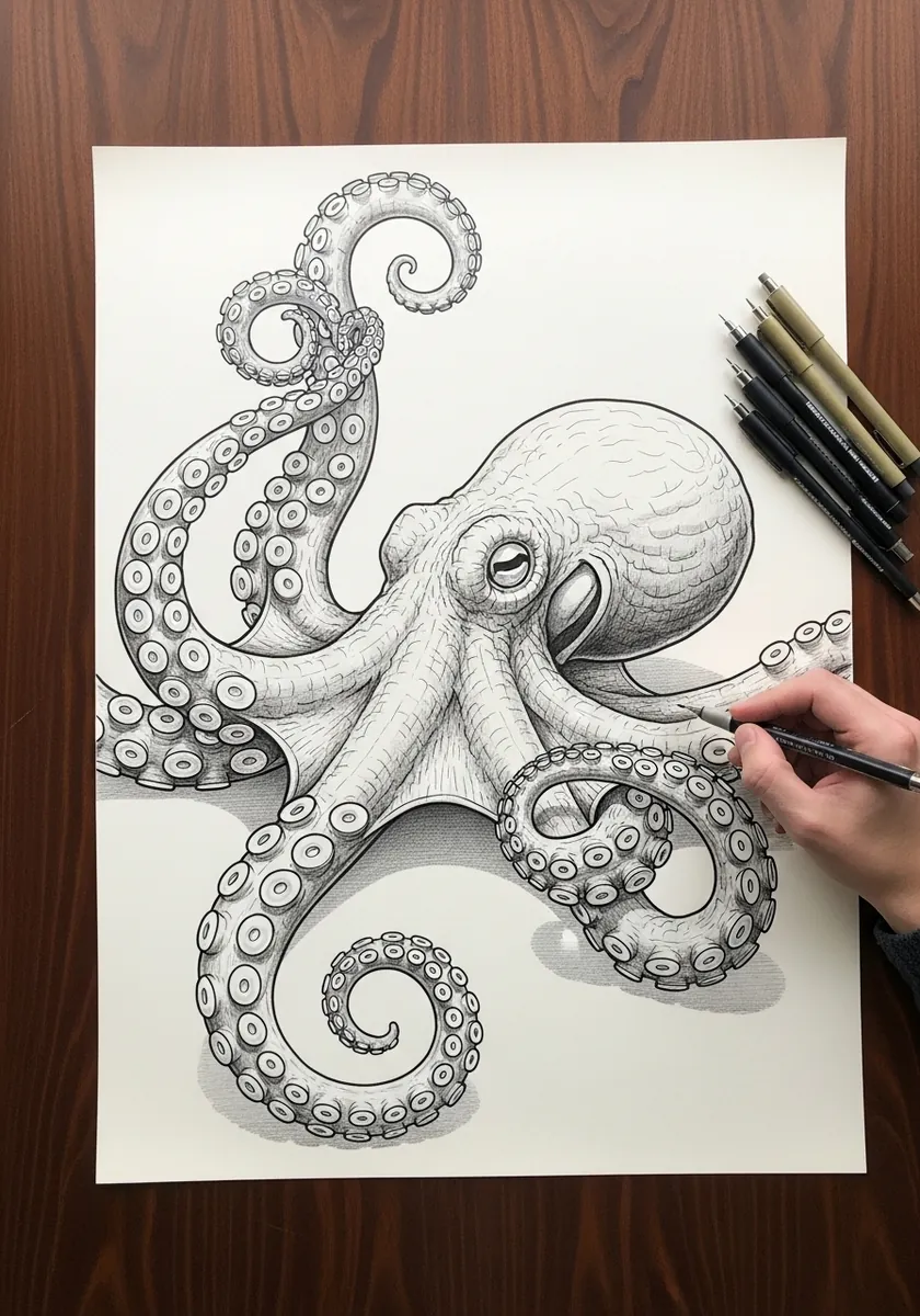 Fine ink octopus with tentacles curling forward off the edge of the paper