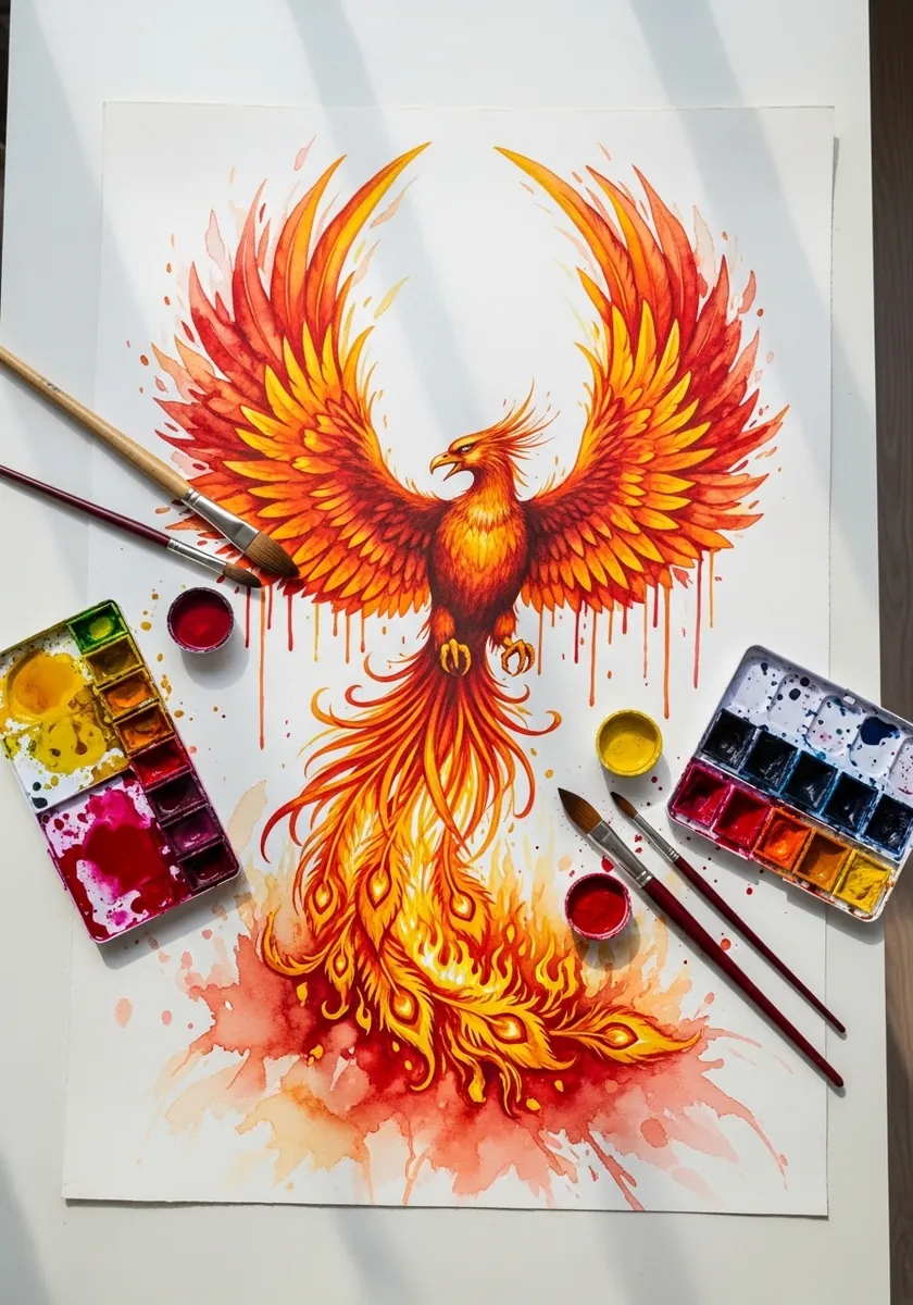Watercolor phoenix with spread wings rising from orange and red flames