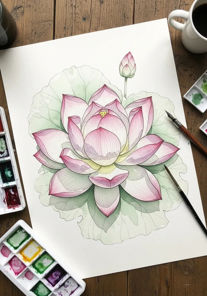 Watercolor pink lotus flower in bloom with a pale gray shadow beneath it