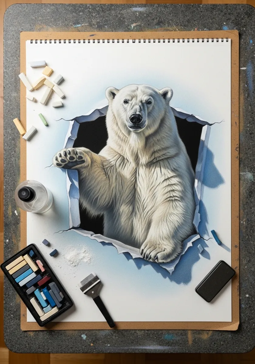 Pastel polar bear reaching out through a jagged hole torn in the paper