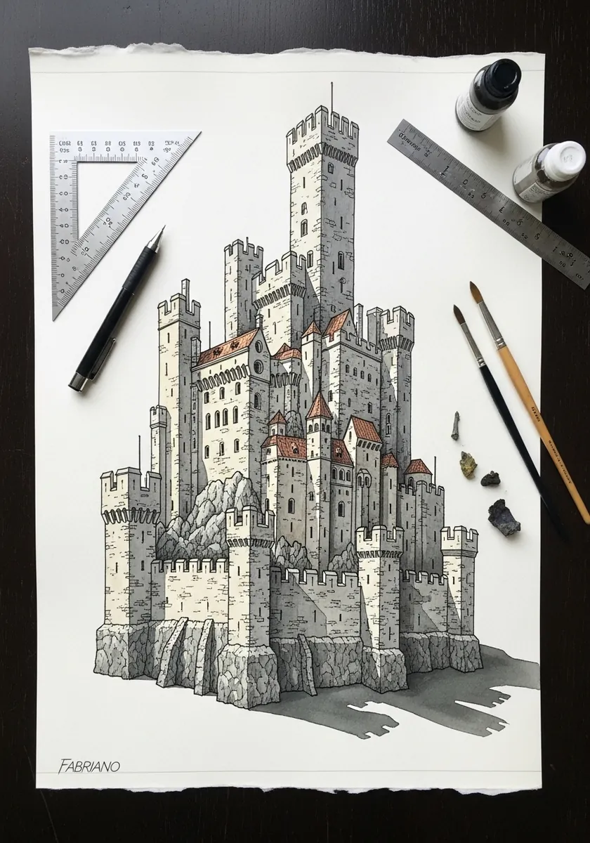 Fine ink castle with many towers drawn in isometric with a hard cast shadow