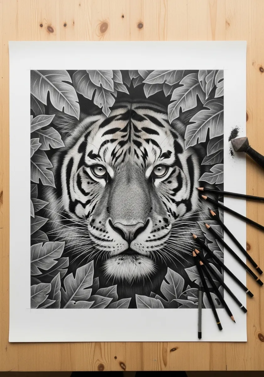 Detailed graphite tiger face surrounded by dense layered leaves