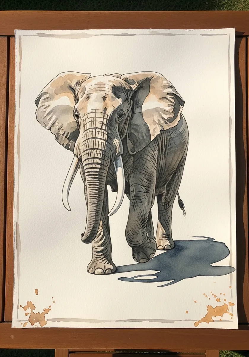 Ink and wash elephant walking forward with a long blue cast shadow