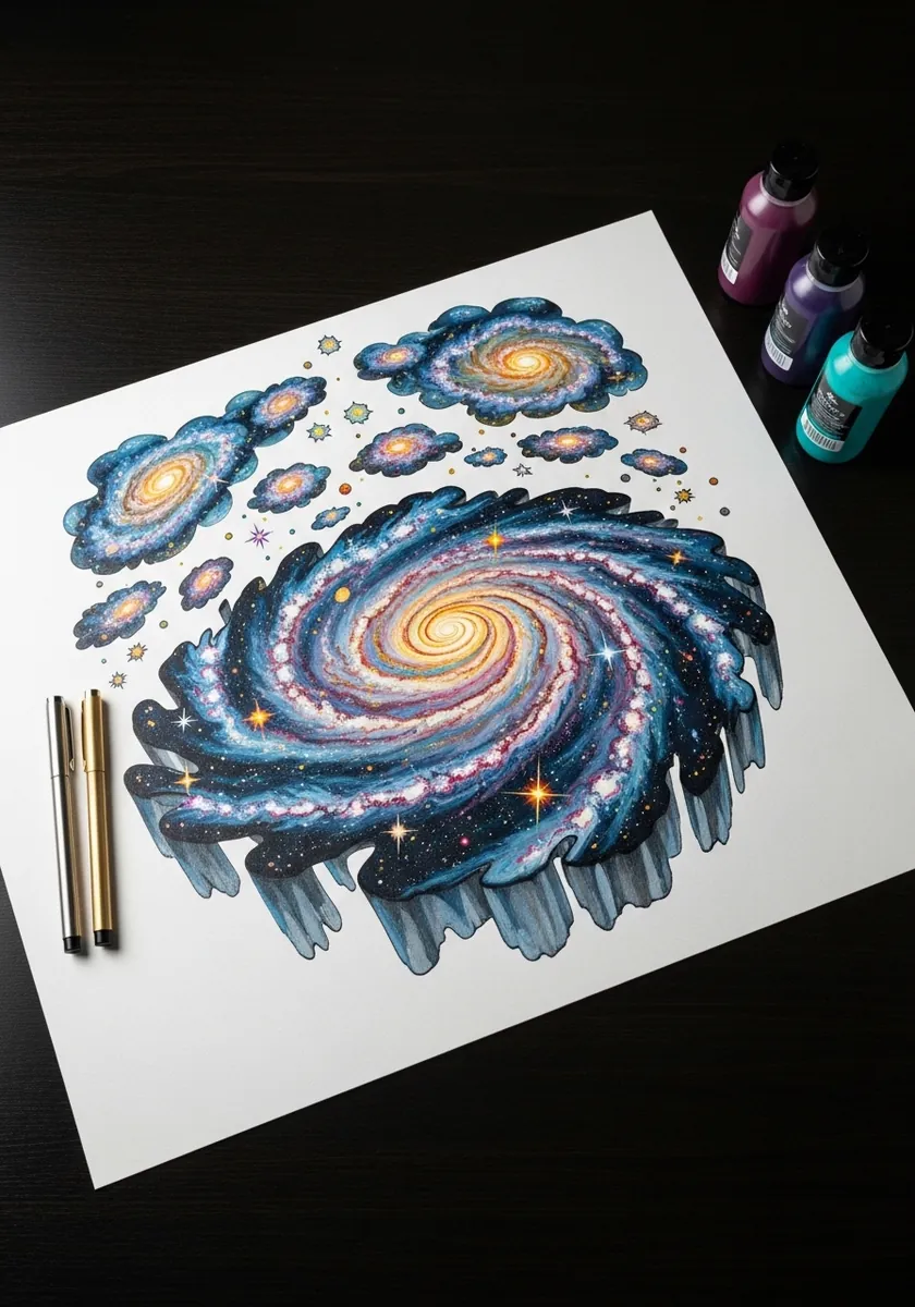 Painted spiral galaxy in blue and purple sitting on a floating icy disc