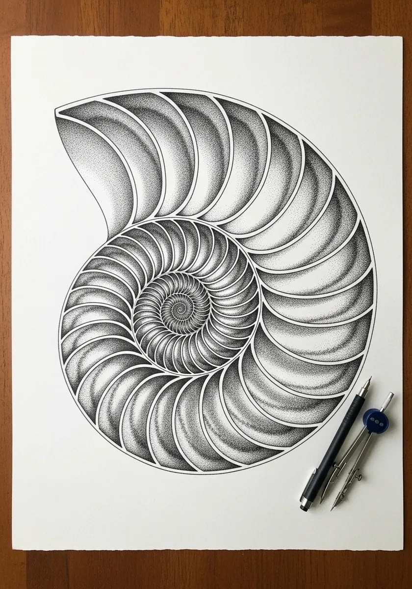 Fine stippled drawing of a nautilus shell cut open to show its chambers
