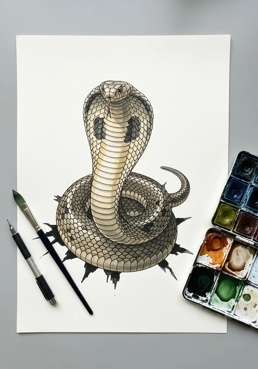 Ink cobra rearing up out of a cracked opening in the paper with hood spread