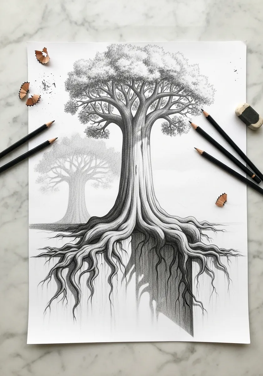 Pencil tree with a full canopy above and deep roots descending below a ground line