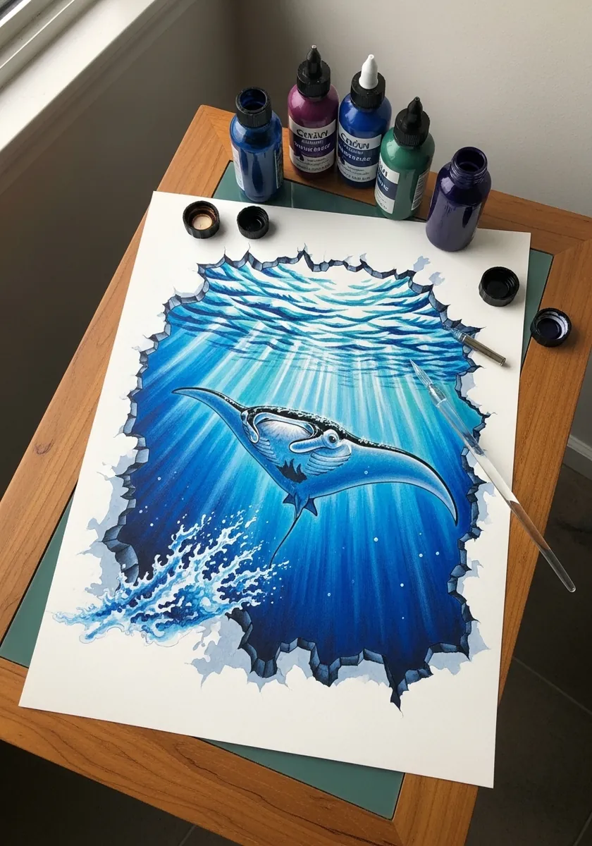 Watercolor manta ray gliding underwater seen through a torn paper portal