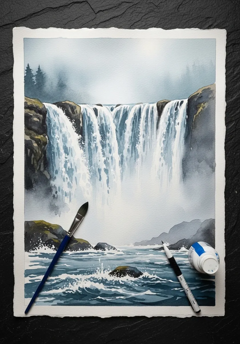 Soft watercolor waterfall cascading between cliffs with heavy mist