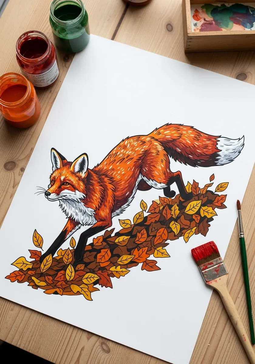 Colored ink fox leaping forward through a scatter of orange autumn leaves