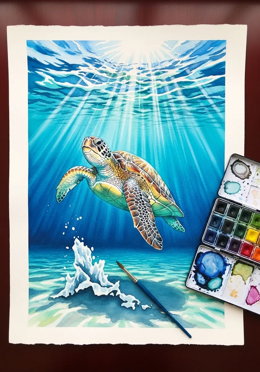 Watercolor sea turtle swimming under bright rays of sunlight in blue water