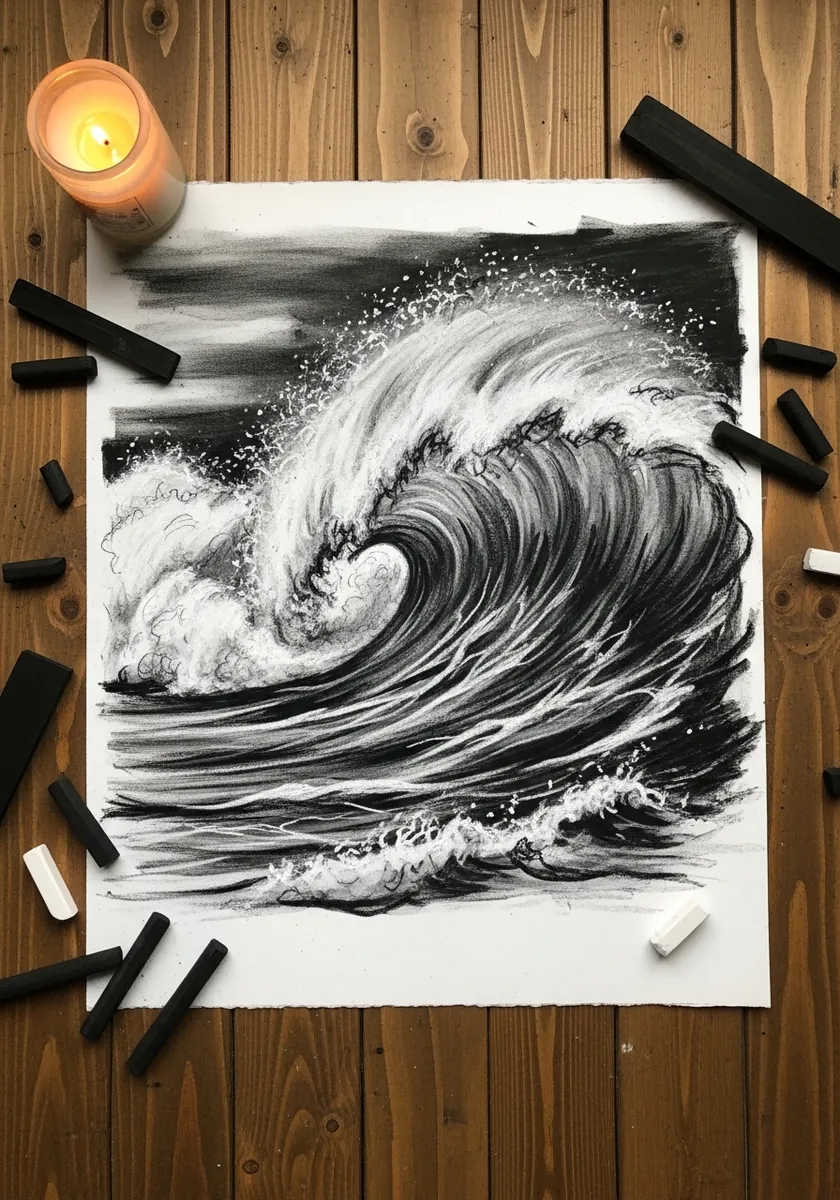 Charcoal ocean wave curling over with white spray lifted from the paper