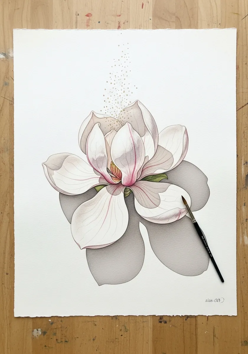 Delicate watercolor magnolia flower above a flat gray shadow shape
