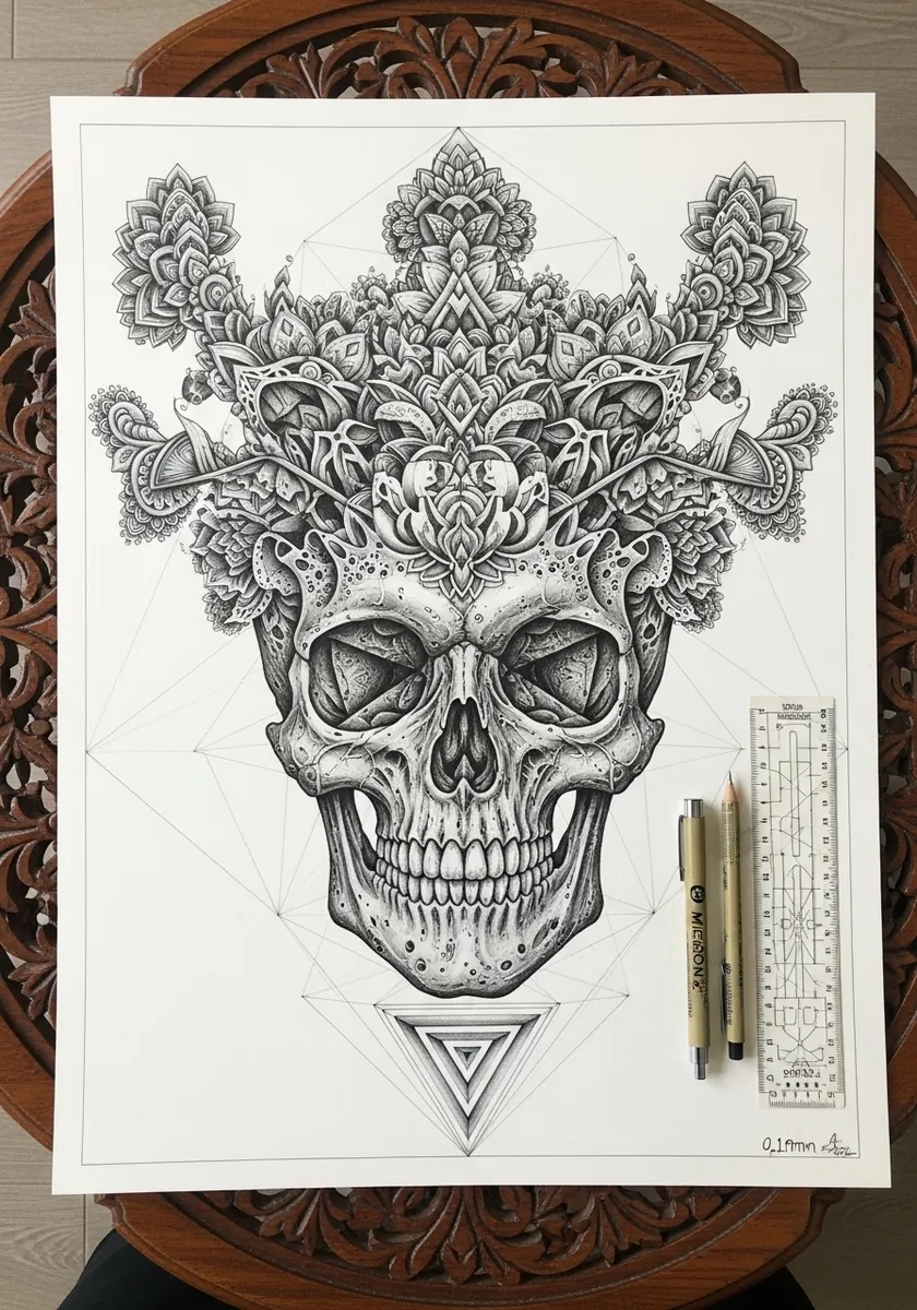 Fine line ornate skull with mandala patterning inside a geometric frame