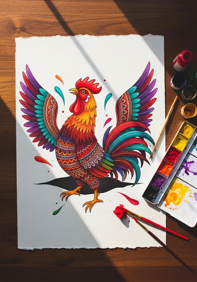 Bright folk art rooster with spread wings and a solid dark cast shadow