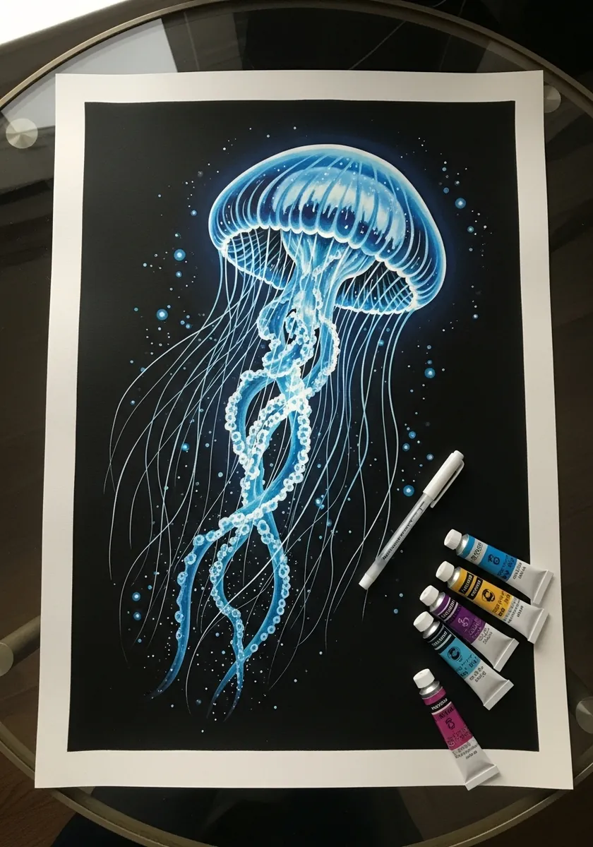 Blue glowing jellyfish with long tentacles drawn on black paper