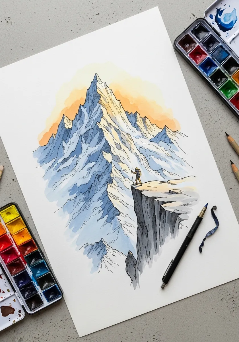 Watercolor mountain peaks with a tiny climber standing on a rocky ledge