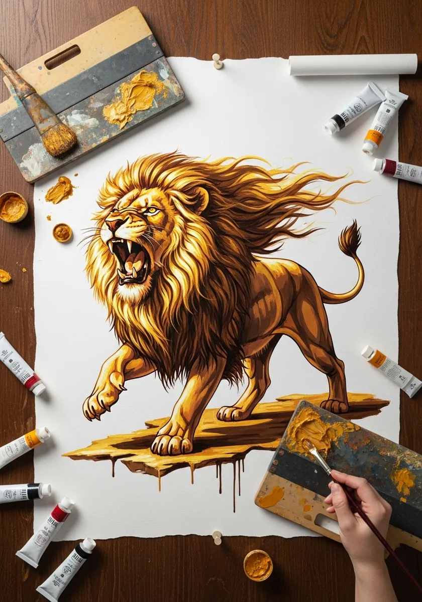 Golden painted lion roaring while standing on a cracked slab with drips