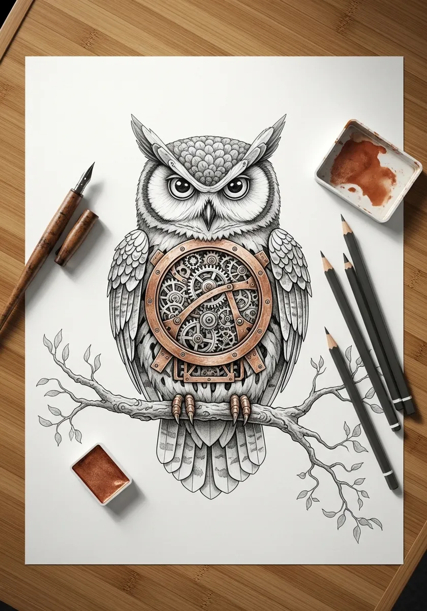 Fine ink owl with exposed clockwork gears in its chest perched on a branch