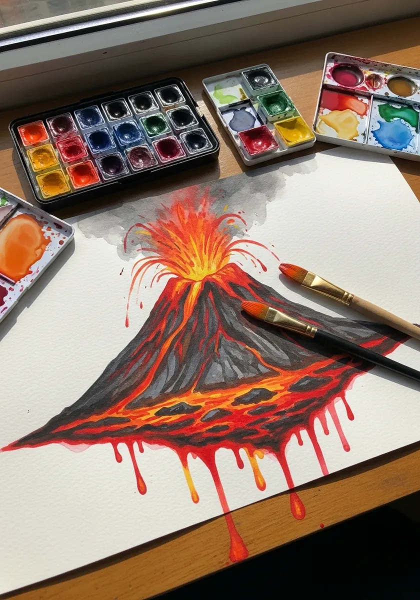 Watercolor volcano erupting with orange lava running off the base of the paper
