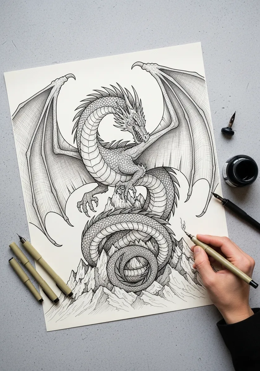 Fine ink dragon with spread wings coiled above jagged mountain peaks