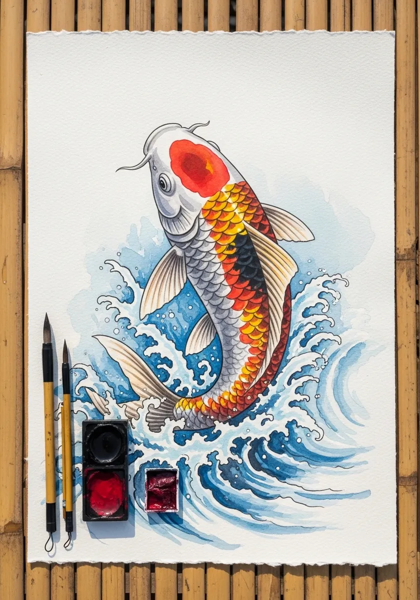 Watercolor koi fish leaping out of a stylized blue and white wave