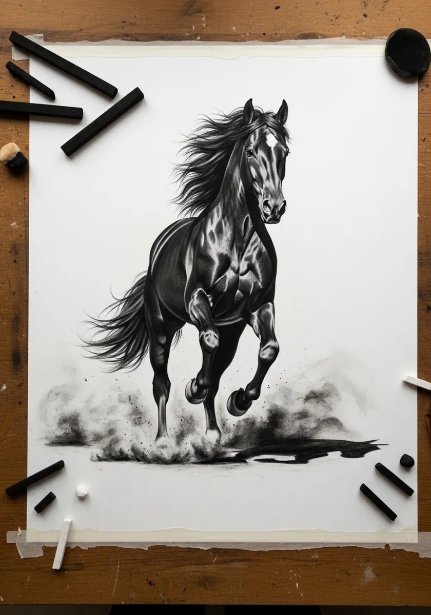 Charcoal horse galloping forward with dust clouds around its hooves