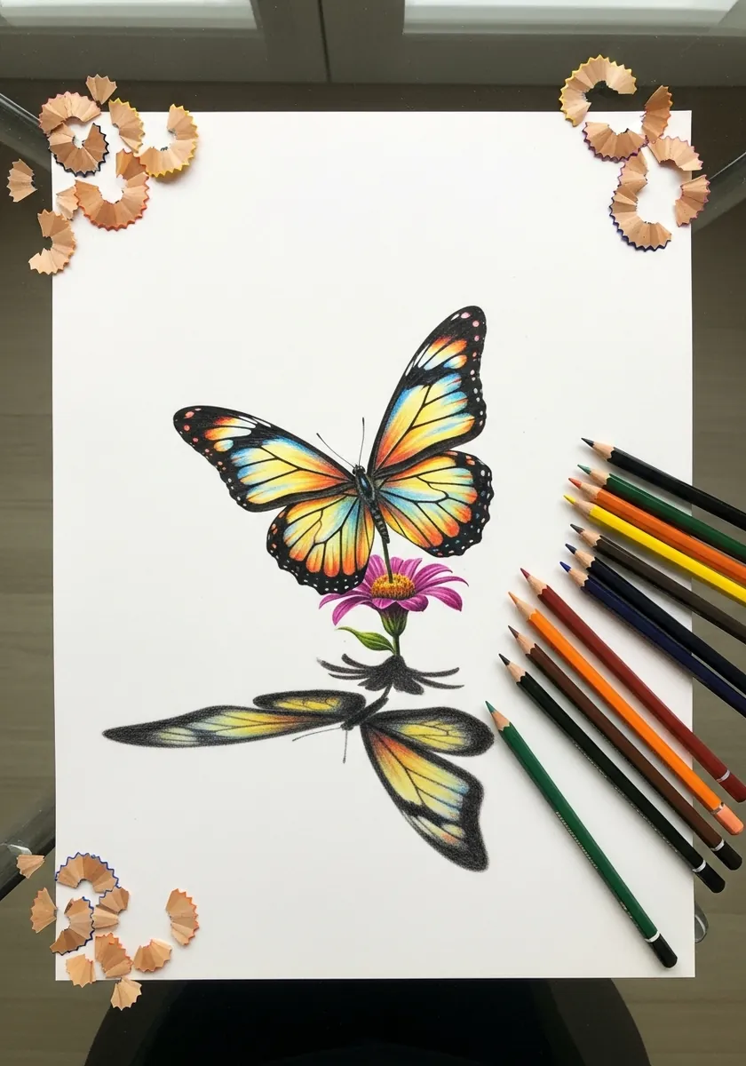 Colored pencil butterfly on a flower casting a detailed shadow below it