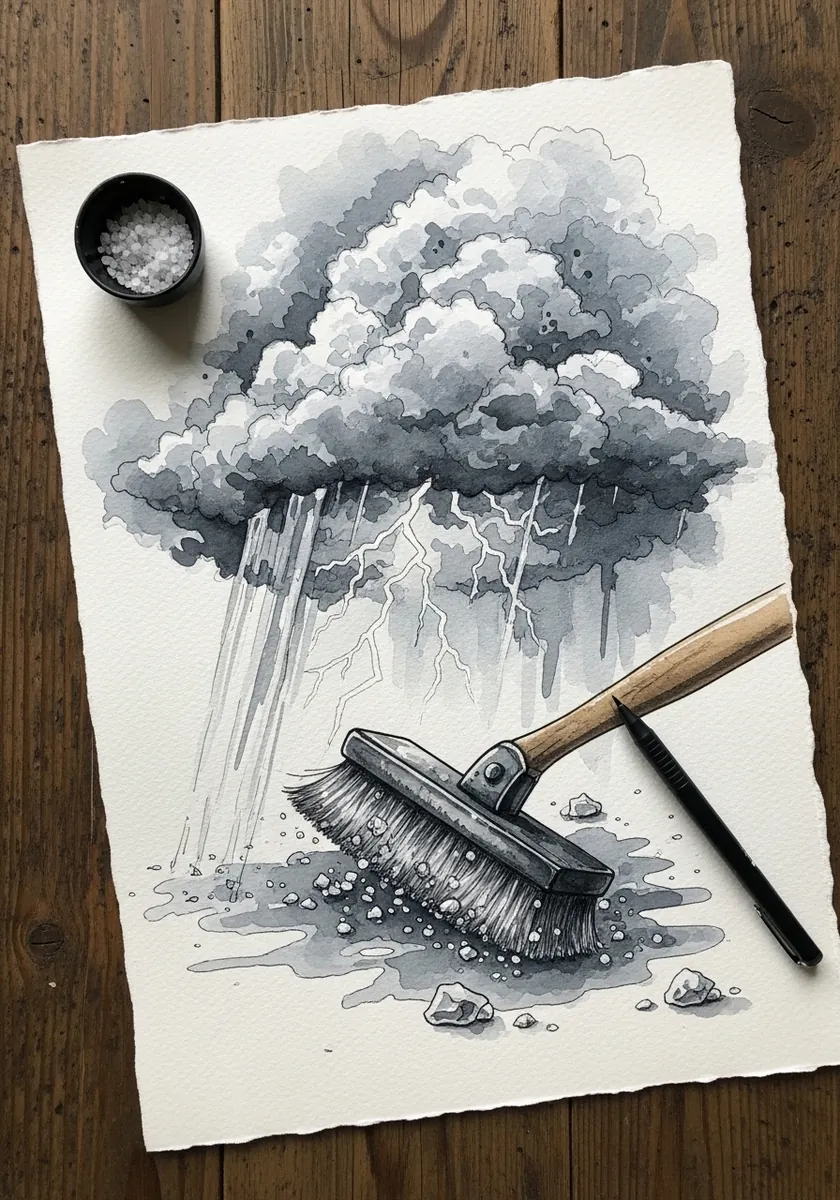 Ink wash storm cloud with rain being swept by a broom on textured paper