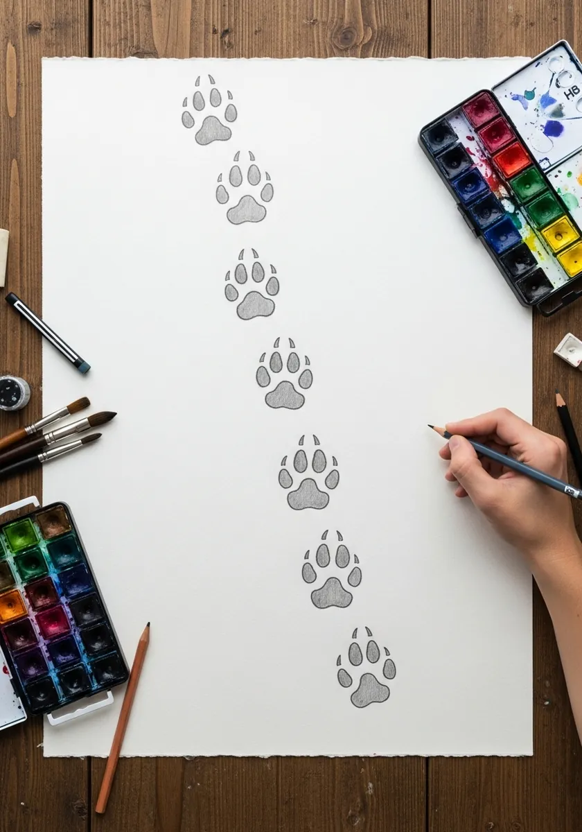 Watercolor trail of gray canine paw prints running diagonally across white paper