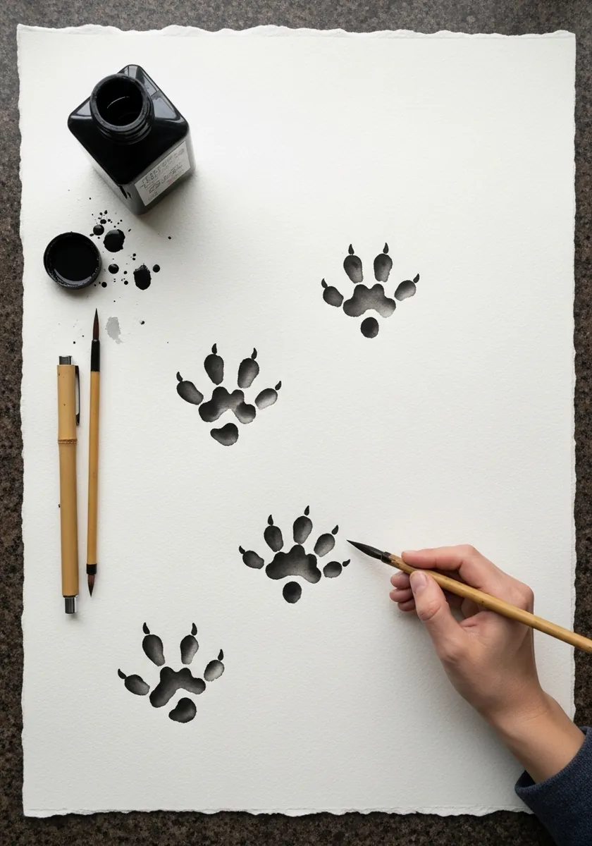 Small black ink five-toed animal tracks scattered across textured paper