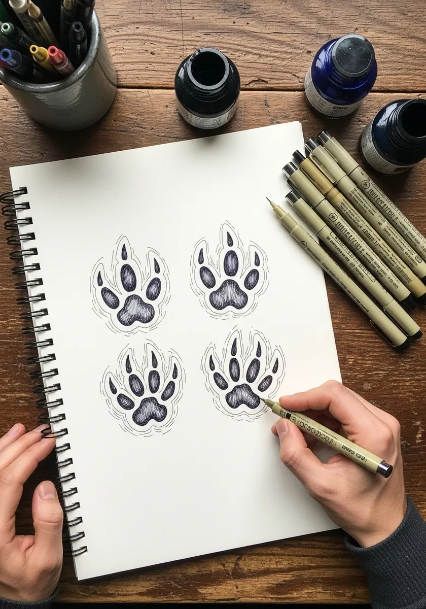 Four stippled canine paw prints drawn with fine liners in an open sketchbook