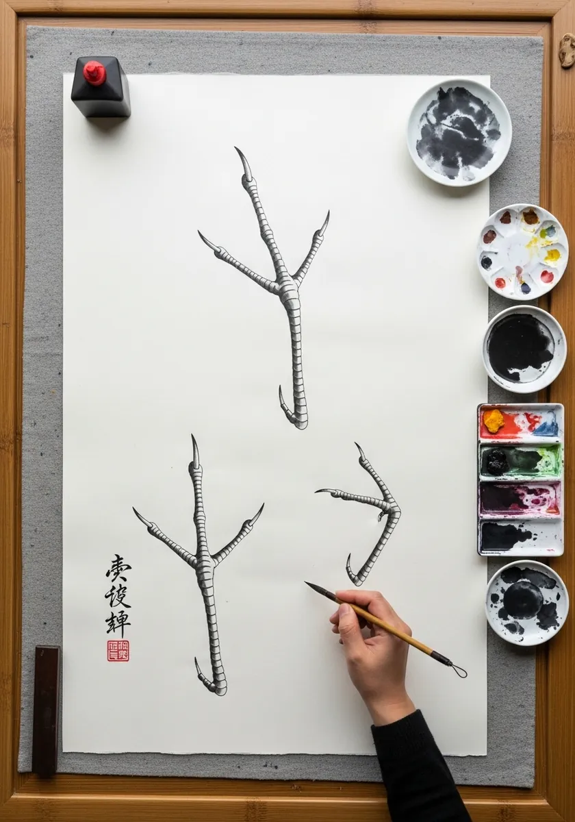 Loose brush and ink bird foot prints painted in East Asian calligraphy style