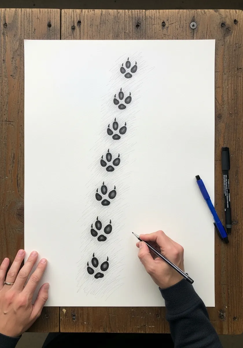 Vertical line of small black canine paw prints running down white paper