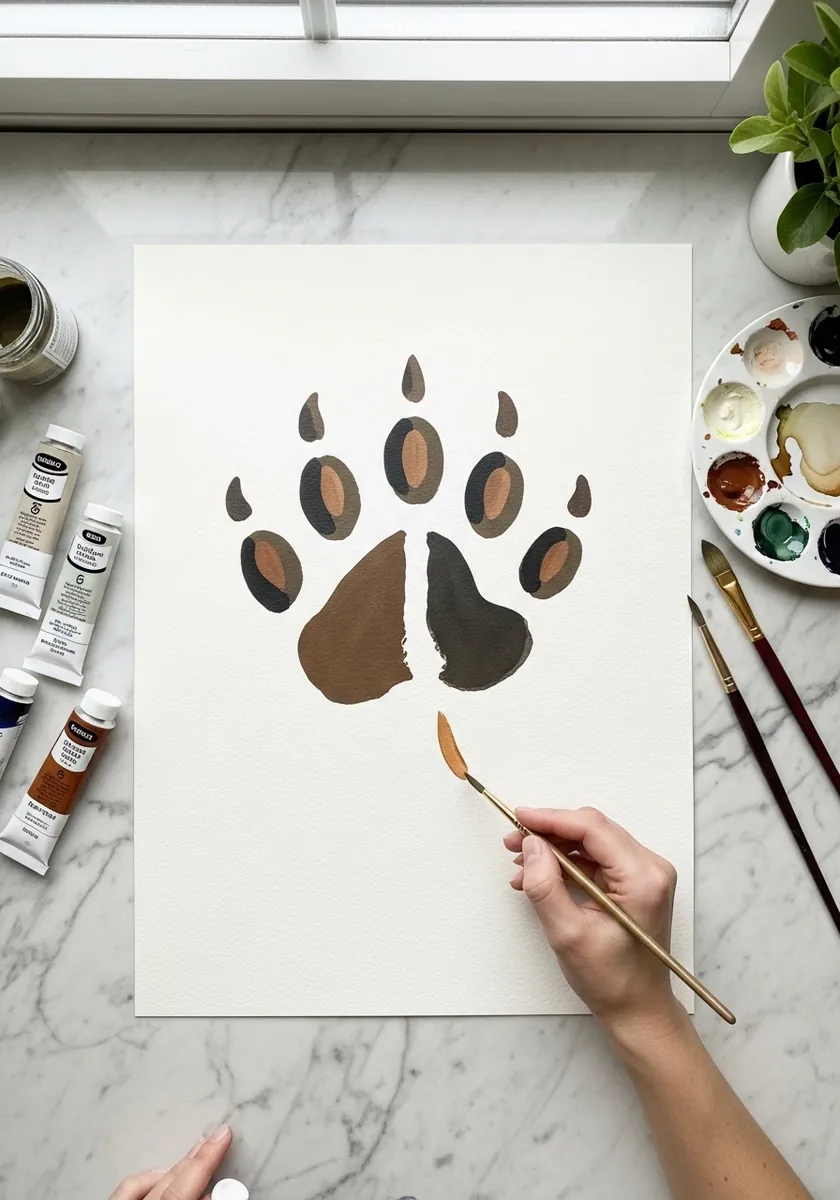 Large paw print painted in two tones of brown and black with five claw marks
