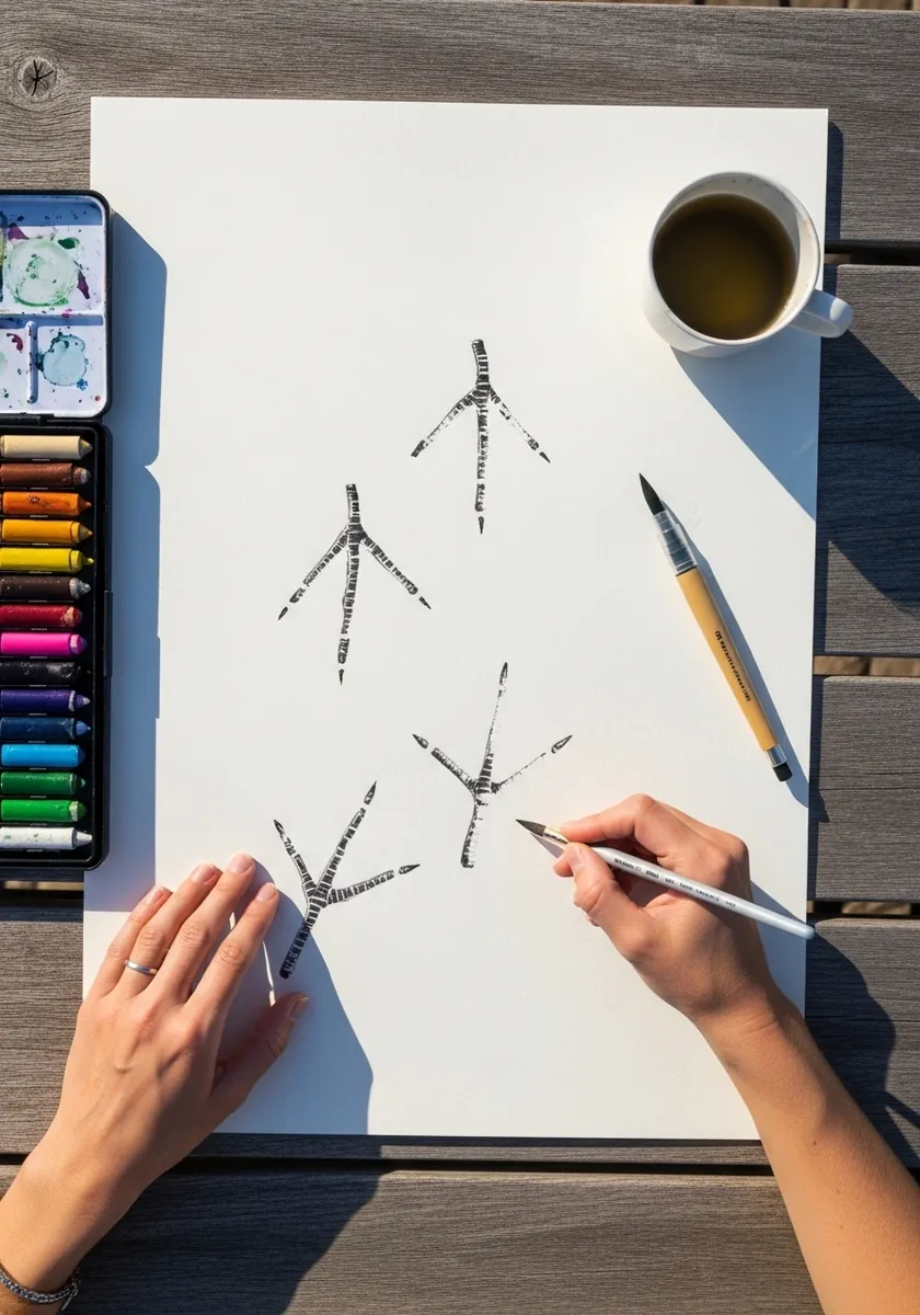 Scattered fine black bird tracks pointing in several directions on white paper