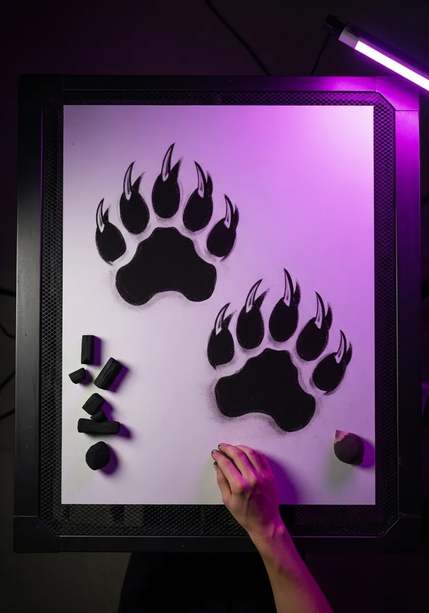 Two black bear paw prints on a paper lit with bright purple neon light