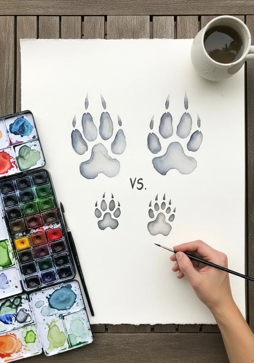 Watercolor comparison sheet of dog and cat paw prints labelled side by side